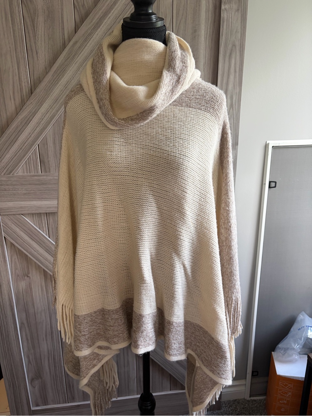 lei Cream and Taupe Cowl Neck Poncho
